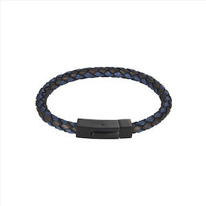 Black+Blue Italian Leather/Black Ion Plated Stainless Steel Bracelet