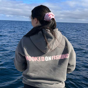 Fleece Hoodie - Hooked on Fishing Pink logo hoodie in grey
