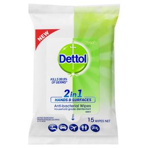 Sanitiser Disinfectant: Dettol 2 in 1 Hands and Surfaces Antibacterial Wipes 15pk