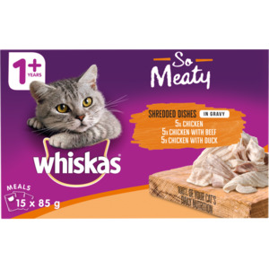 Whiskas Cat Food Collection: Whiskas So Meaty Shredden Dishes in Gravy Wet Cat Food 15 x 85g