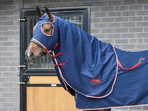 New Tack: Weatherbeeta Cotton Show Sheet Hood Nvy/Red/Wht