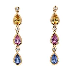 Coloured Stone Earrings: Multi Sapphire Pear & Diamond Chain Drop Earrings