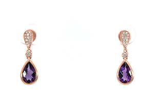 9K RG PEAR AMETHYST & DIA DROP EARRINGS 0.13CT