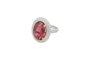 Large Pink Tourmaline and diamond double halo ring