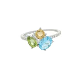 Blue Topaz, Peridot, Citrine & Diamond Ring