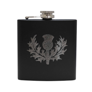 Promotions: 6oz Matt Black Thistle Hip Flask