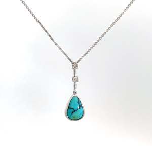 Necklace: 9ct White Gold Turquoise and Diamond Pendant and Chain