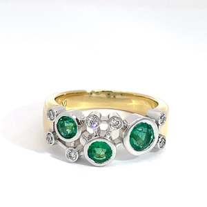 18ct Yellow and White Gold Emerald and Diamond Cluster Ring