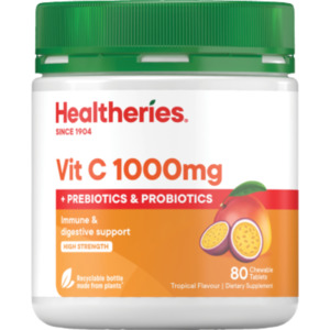 Health Beauty: Healtheries Vit C 1000mg + Probiotics Tropical Flavour Chewable Tablets 80pk