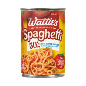 Canned Goods 1: Watties Spaghetti 50% Less Added Sugar 420g