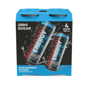 Weekly Specials: Musashi Energy Drink Blue Raspberry Zero Sugar 4 pack