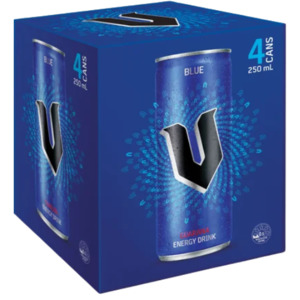 Beverages: V Blue Guarana Energy Drink 4 x 250ml