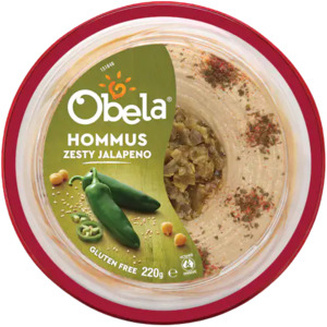 Olives Nibbles Dips: Obela Hummus Zesty Jalapeño Garnished 220g