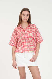 Womens Shirts: ROONEY SS DAD SHIRT POPPY/WHITE