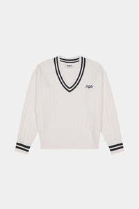 WOMENS V-NECK CABLE KNIT SWEATER CHALK/BLACK