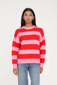 KENZIE STRIPE KNIT CREW PINK/RED
