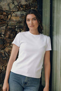 Womens T Shirts: SLIM RIB TEE/3BALL WHITE