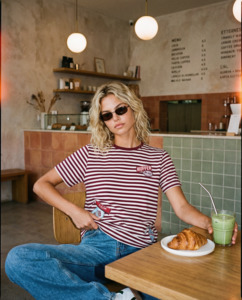 Womens T Shirts: STRIPE SS TEE/NO.97 BURGUNDY/PETAL