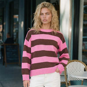 Knitwear: KENZIE STRIPE KNIT CREW PETAL/CHESTNUT