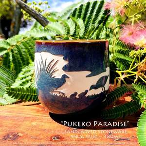 Pukeko Paradise Limited Edition Sandcarved Stoneware Glazed Snug Mug - Hunting4Art NZ