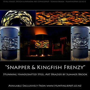 Products: Snapper Kingfish Frenzy - Upcycled Steel Art Brazier - Hunting4Art NZ