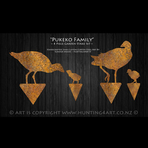 Products: Pukeko Family Handcrafted Corten Steel Art - 4 Piece Garden Stake Set - Hunting4Art NZ