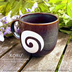 Products: Koru Limited Edition Sandcarved Stoneware Glazed Snug Mug from Hunting4Art NZ