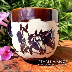 Products: Three Amigos Limited Edition Sandcarved Stoneware Glazed Snug Mug - Hunting4Art