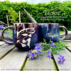 Products: Trout Limited Edition Sandcarved Stoneware Glazed Snug Mug - Hunting4Art