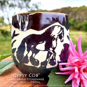Products: Gypsy Cob Limited Edition Sandcarved Stoneware Glazed Snug Mug - Hunting4Art