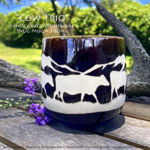 Products: Cow Trio - Limited Edition Sandcarved Stoneware Glazed Snug Mug - Hunting4Art