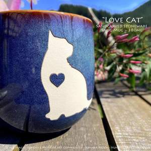 Love Cat Limited Edition Sandcarved Stoneware Glazed Snug Mug - Hunting4Art NZ