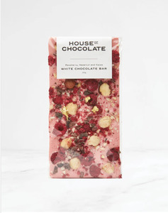 Gifts: Freeze Dried Raspberry, Hazelnut & Cacao Nib White Chocolate Bar