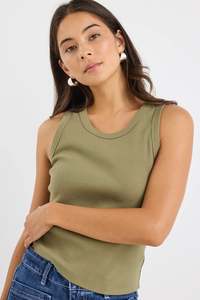 Womens Tops: Re:Union Cobble Khaki Rib Cutaway Tank
