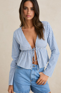Rhythm Lola Check Tie Front Long Sleeve Top