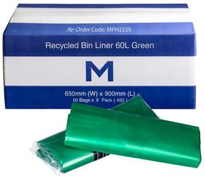 Bin Liners LARGE: 60ltr Green Recycled Rubbish Bags 650x900mm 50pk