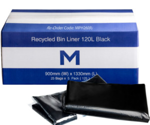 Bin Liners LARGE: 120L Black Wheelie Bin Liner (900mm x 1330mm) 50mu - 25pk