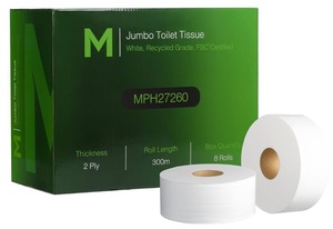 Products: Recycled Jumbo Toilet Tissue Boxed - White, 2 Ply, 300m (8 Rolls) - Hygiene Supplies Expert