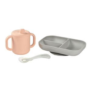 Beaba Silicone Learning Set And Cup - Pink/Grey