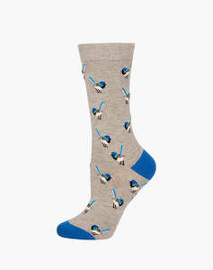 Womans Bamboo Socks: W Blue Wren Light Grey Bamboo Sock