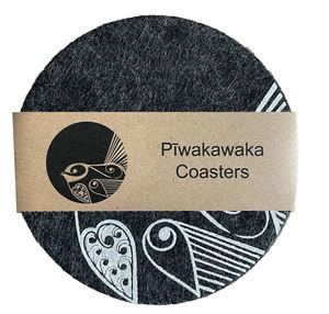 Coasters: Piwakawaka on Dark Grey Set of 4 Eco Felt Coaster