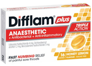 Sore Throat Treatments: Difflam Plus Anaesthetic + Antibacterial + Anti-Inflammatory Honey Lemon Lozenges