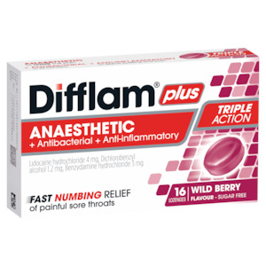 Difflam Plus Anaesthetic + Antibacterial + Anti-Inflammatory Wild Berry Lozenges 16