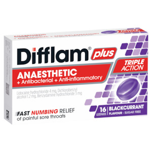 Difflam Plus Anaesthetic + Antibacterial + Anti-Inflammatory Blackcurrant Lozenges 16