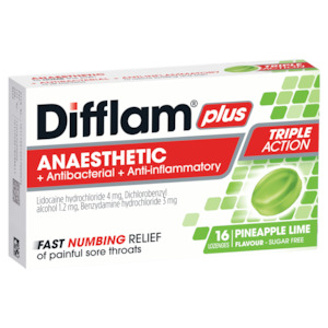 Difflam Plus Anaesthetic + Antibacterial + Anti-Inflammatory Pineapple Lime Lozenges 16