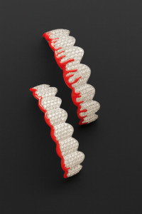 Grillz Teeth: Iced Grillz_Red Enamel Drip silve Grillz Set- Top & Bottom