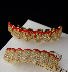 Grillz Teeth: Iced Grillz_Red Enamel Drip Gold Grillz Set- Top & Bottom