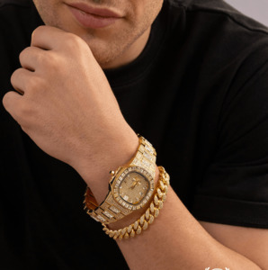 Luxury Iced Gold Baguette Watch & 12mm_Iced Cuban Bracelet Set