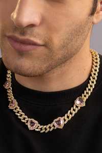 Newest Drops: Pink Gemstone Accents with Iced Out Cuban Chain Necklace_Gold