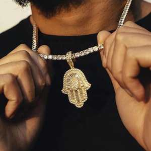 Iced Out Pendants: Iced Hamsa Hand Pendant Necklace – Gold